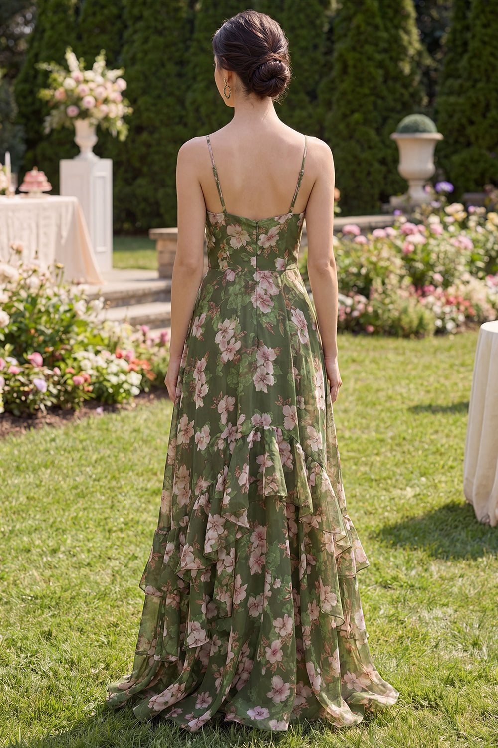 Dark Green A Line Printed Maxi Wedding Guest Dress with Ruffles