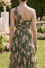 One Shoulder Dark Green A Line Printed Wedding Guest Dress with Slit