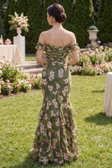Mermaid Dark Green Off the Shoulder Ruffled Floral Wedding Guest Dress