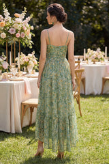 High Low Pleated Dusty Green Printed A Line Wedding Guest Dress