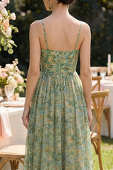 Pleated Dusty Green Printed A Line Maxi Wedding Guest Dress