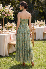 Tiered Strapless Pleated Dusty Green Printed Wedding Guest Dress