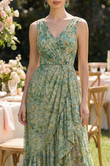 High Low Ruched A Line Dusty Green Wedding Guest Dress with Ruffles