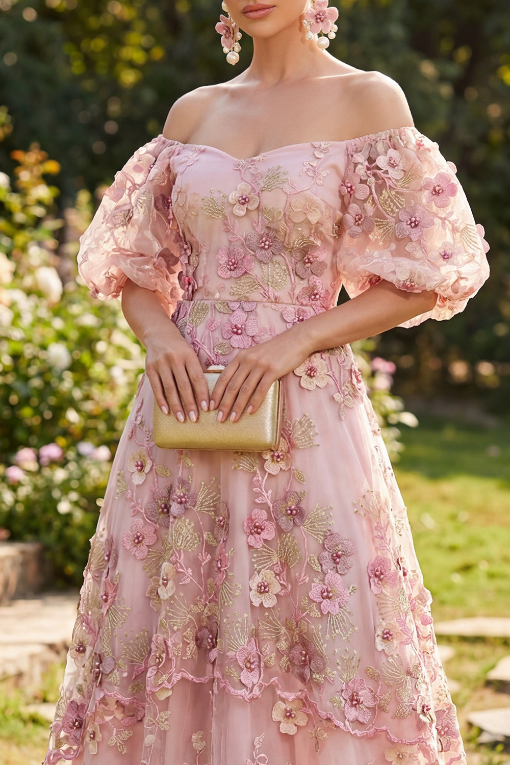 Off the Shoulder A Line Floral Pink Maxi Wedding Guest Dress