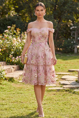 Off the Shoulder Pink A Line Floral Tiered Appliqued Wedding Guest Dress