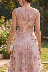 Floral Pink A Line Appliqued V Neck Midi Wedding Guest Dress