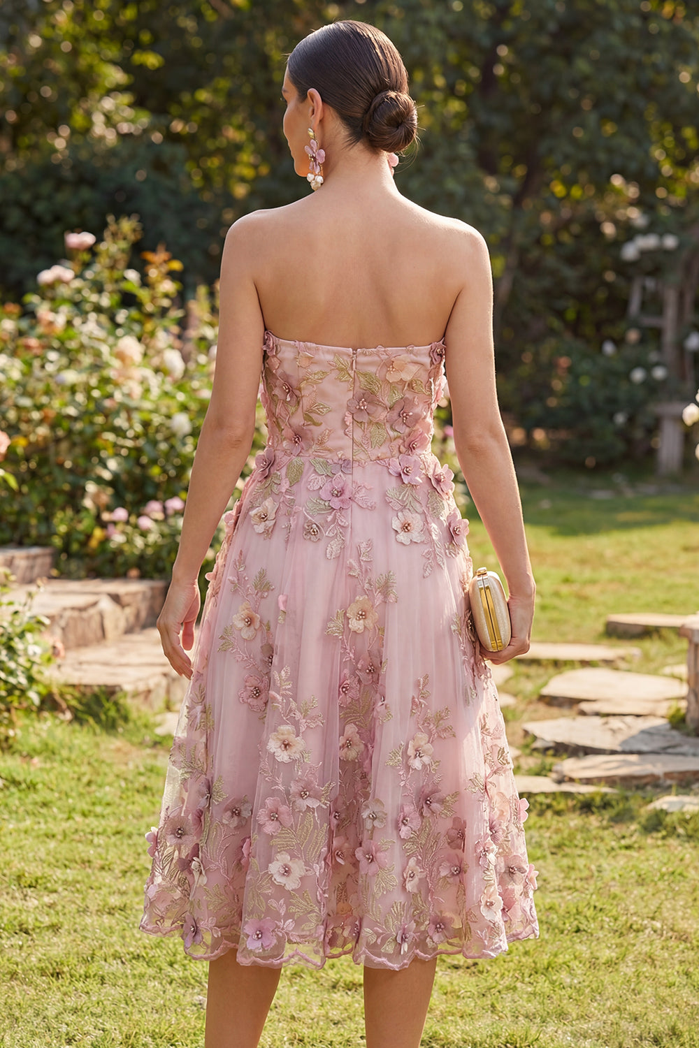 Strapless A Line Floral Pink Appliqued Wedding Guest Dress