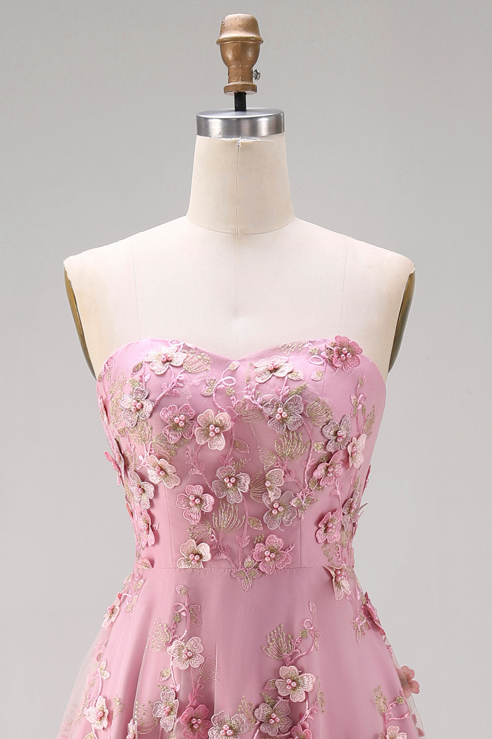Strapless A Line Floral Pink Appliqued Wedding Guest Dress