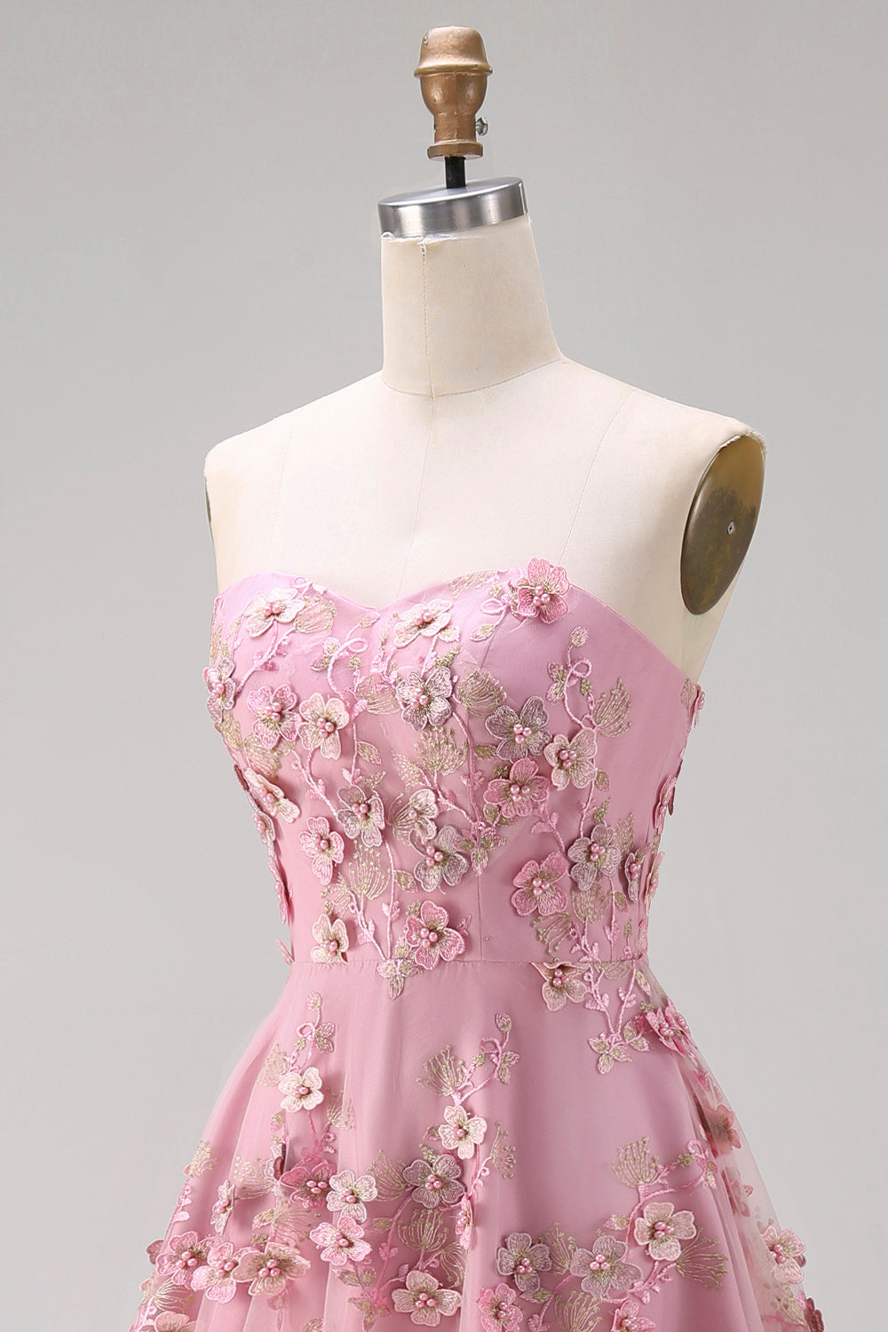 Strapless A Line Floral Pink Appliqued Wedding Guest Dress