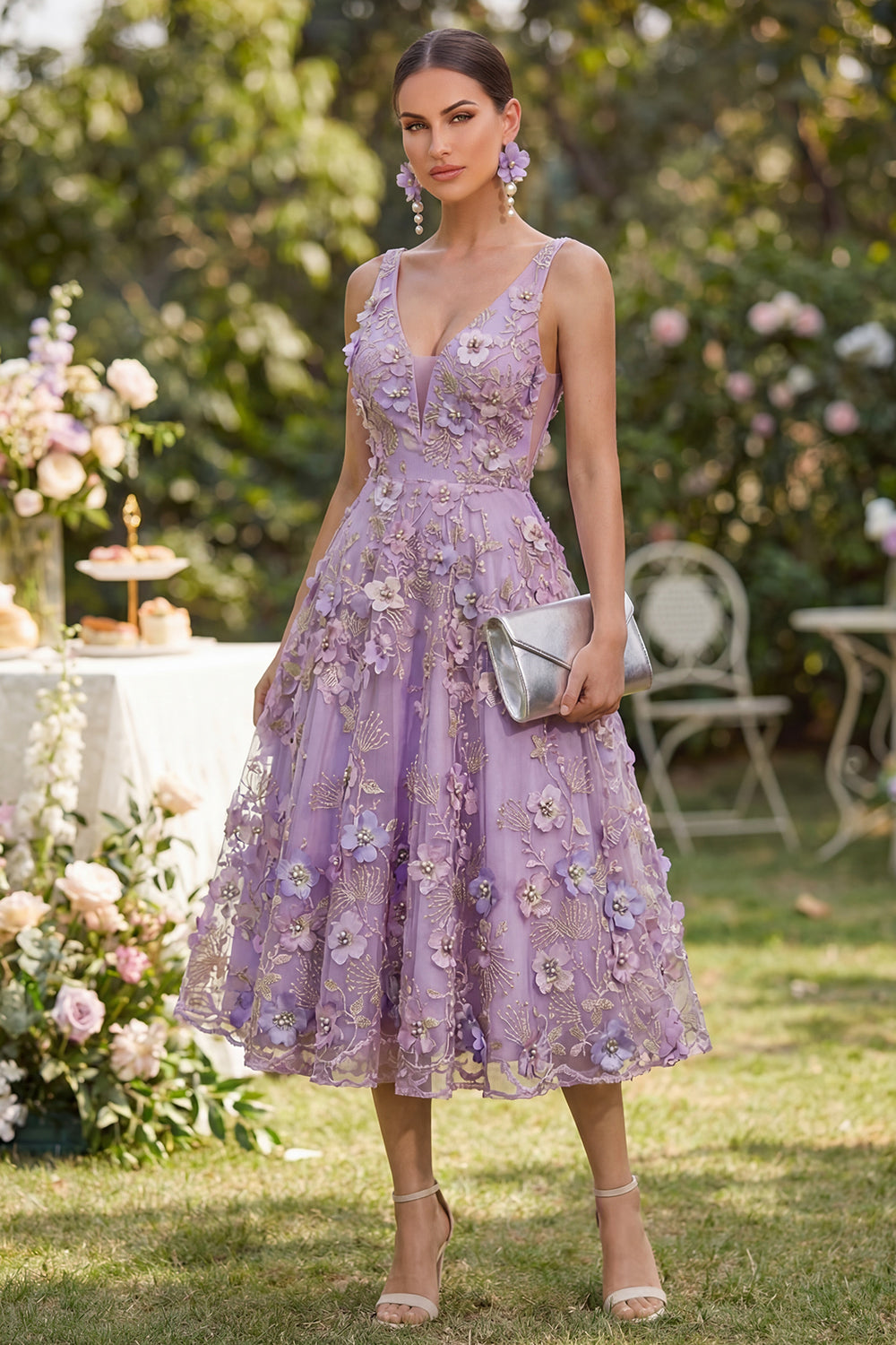 Floral A Line Lilac Sleeveless Appliqued Midi Wedding Guest Dress