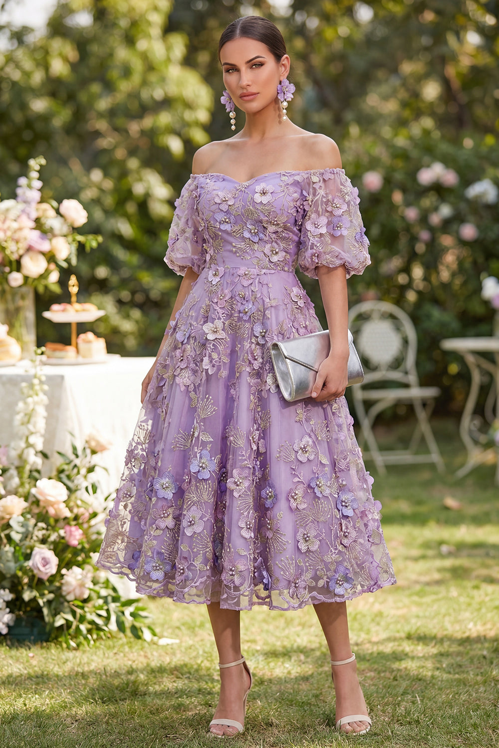 Off the Shoulder Floral A Line Blue Ruched Wedding Guest Dress