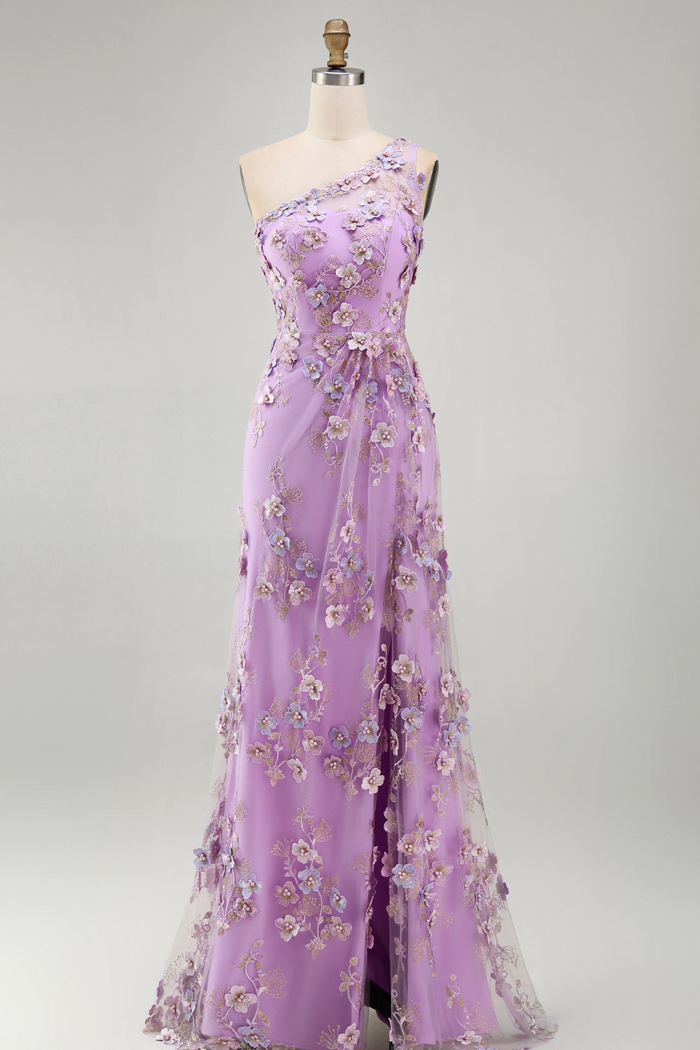 One Shoulder Floral A Line Lilac Appliqued Wedding Guest Dress