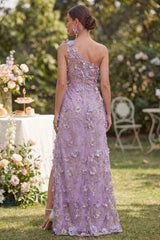 One Shoulder Floral A Line Lilac Appliqued Wedding Guest Dress