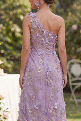 One Shoulder Floral A Line Lilac Appliqued Wedding Guest Dress