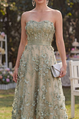 High Low Strapless Corset Dusty Green Floral A Line Wedding Guest Dress