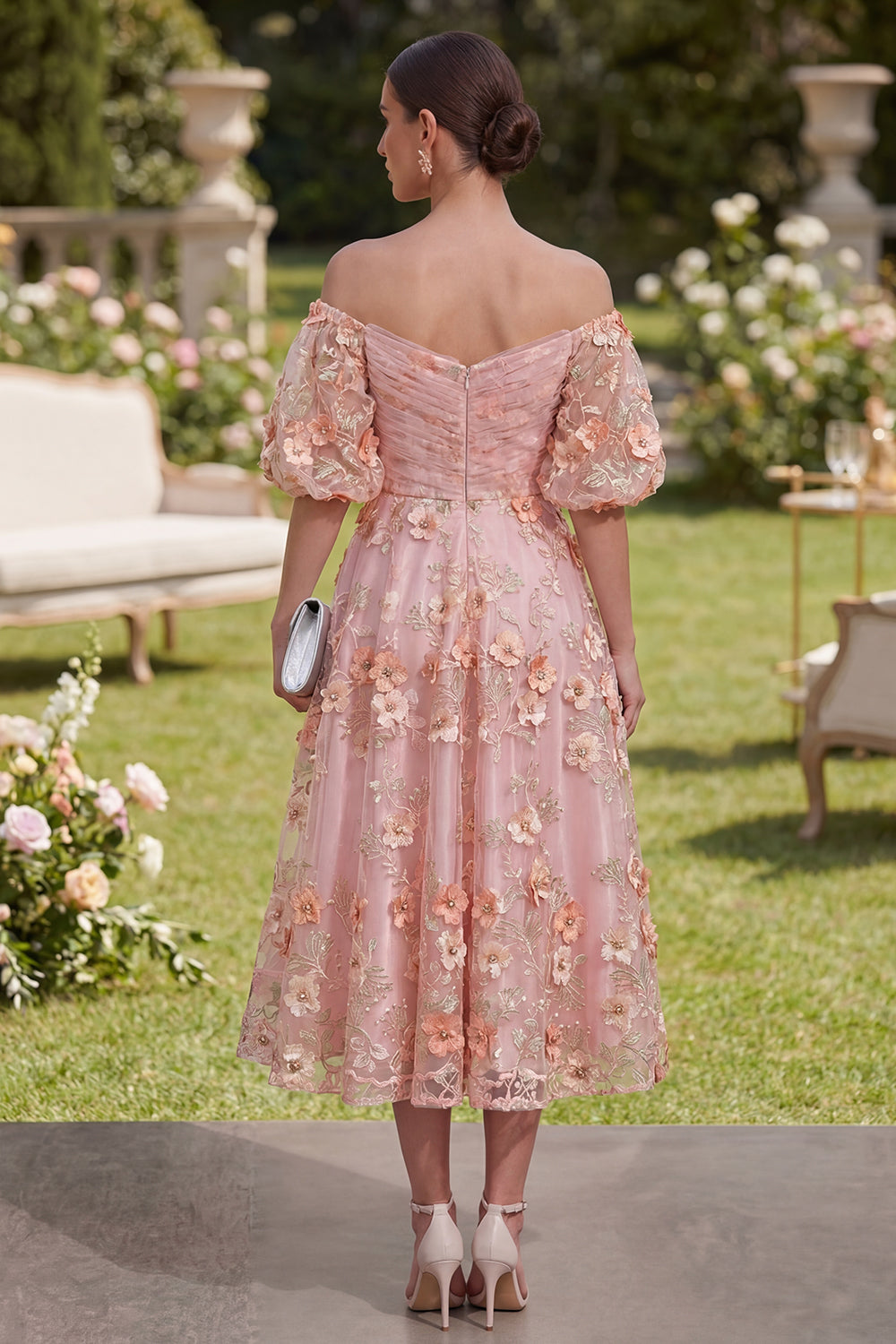 Off the Shoulder Floral Pink Appliqued A Line Wedding Guest Dress