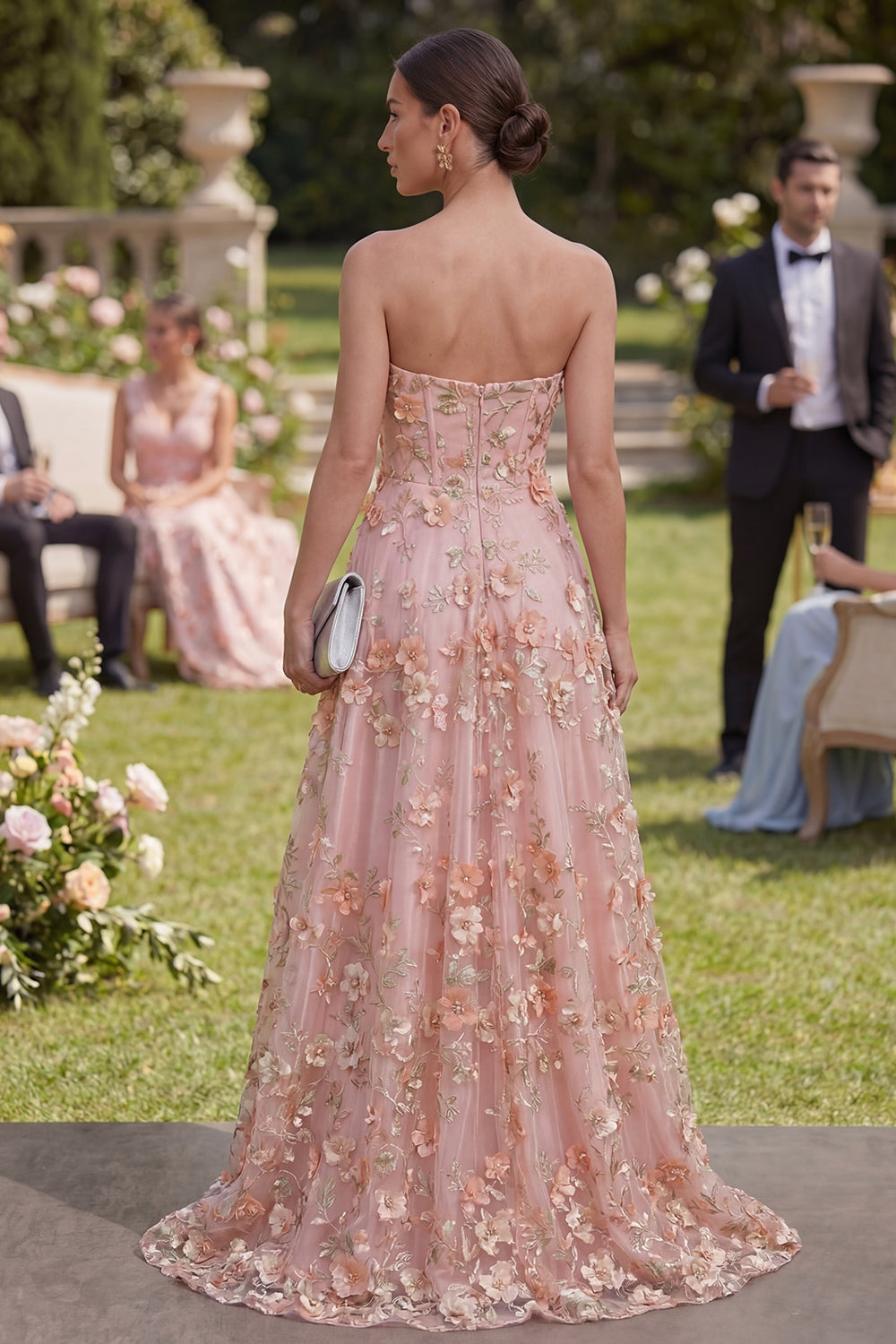 Strapless Floral Pink Appliqued A Line Maxi Wedding Guest Dress