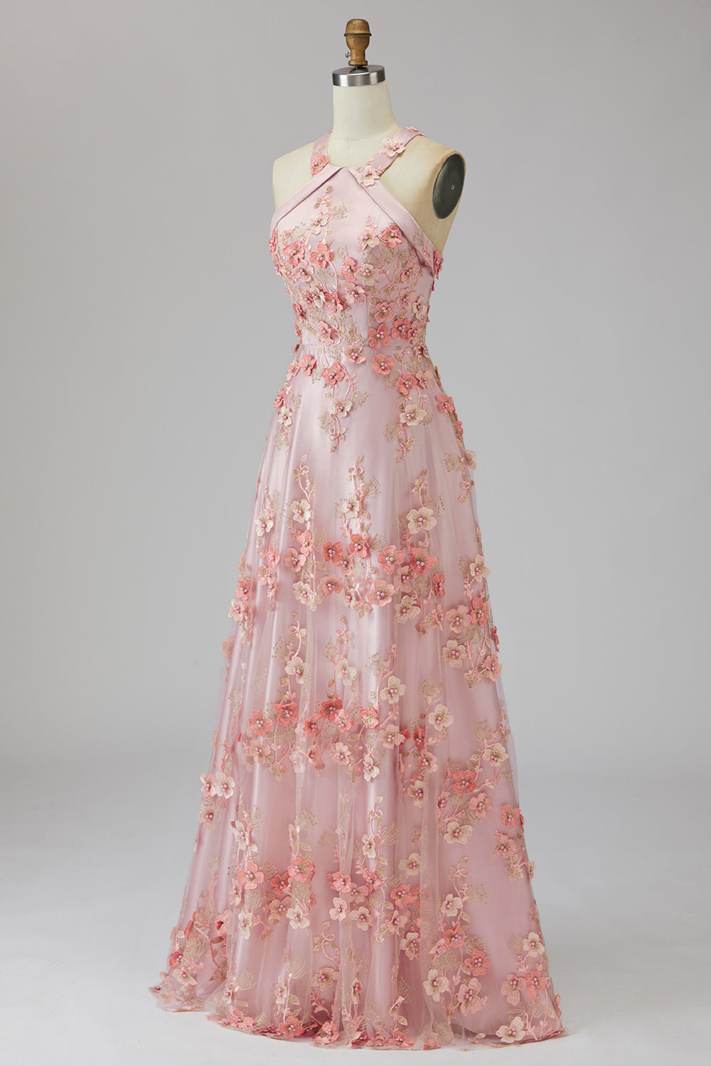 Halter Cut Out Floral Pink Appliqued A Line Wedding Guest Dress