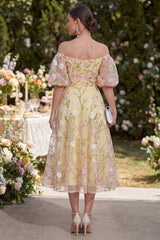 Off the Shoulder A Line Floral Light Yellow Wedding Guest Dress