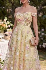 Light Yellow Floral Off the Shoulder A Line Ruched Wedding Guest Dress