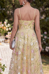Light Yellow Corset Embroidered A Line Floral Midi Wedding Guest Dress