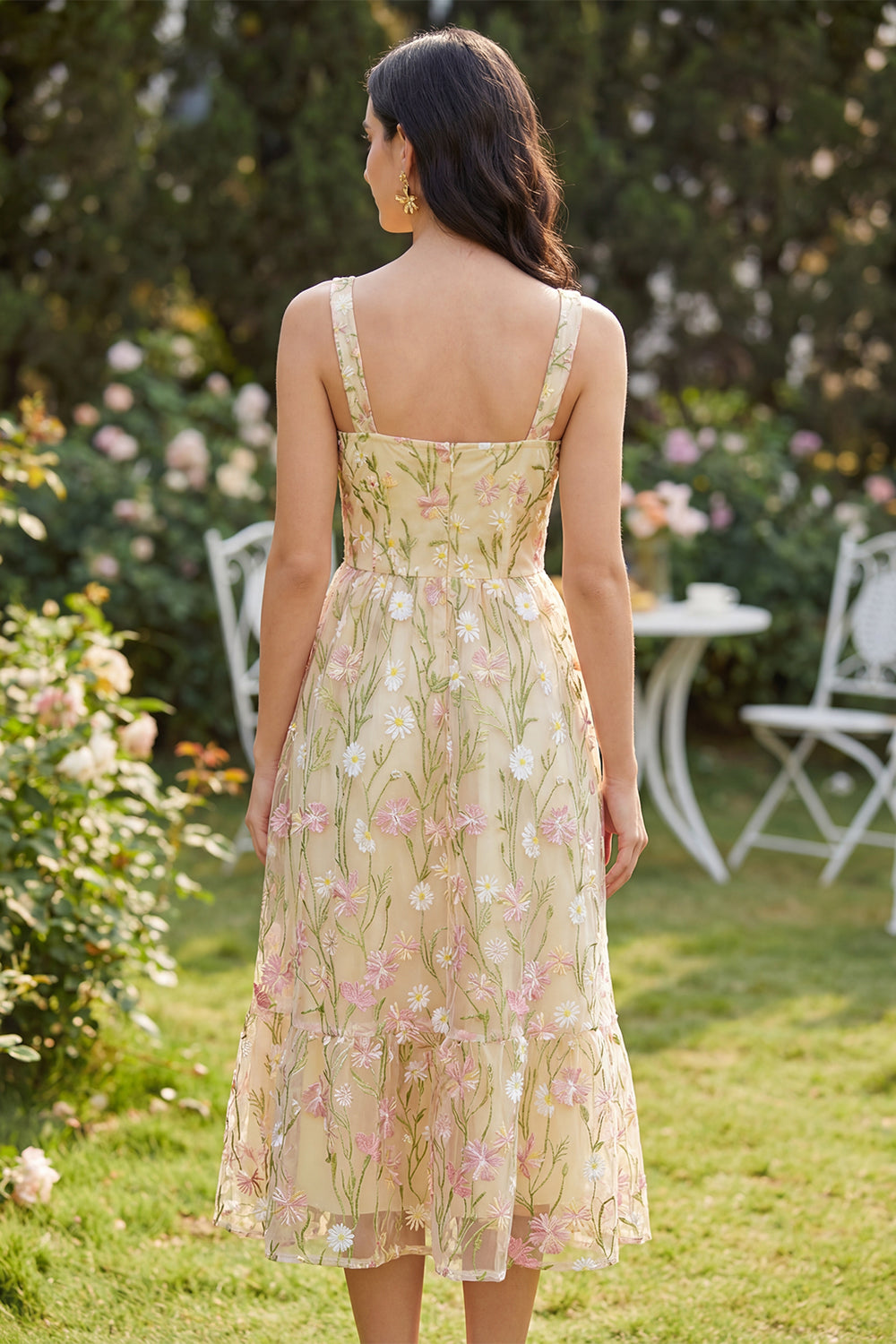 Embroidered Light Yellow A Line Floral Midi Wedding Guest Dress