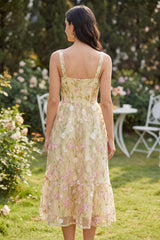 Embroidered Light Yellow A Line Floral Midi Wedding Guest Dress