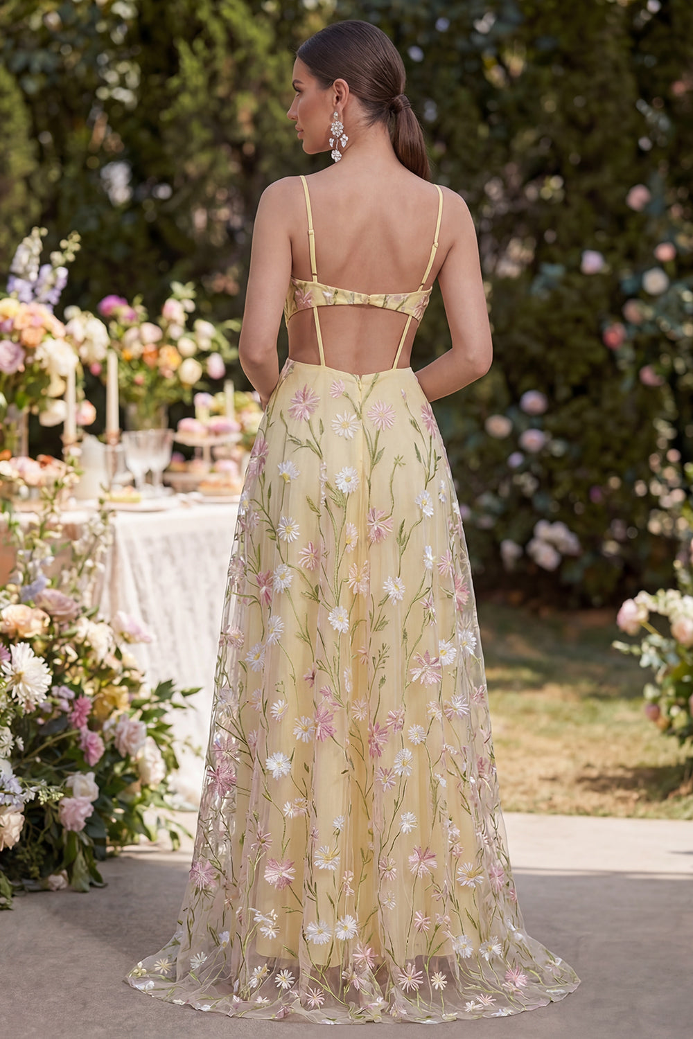 Light Yellow Cut Out Floral Ruched A Line Maxi Wedding Guest Dress