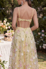 Light Yellow Cut Out Floral Ruched A Line Maxi Wedding Guest Dress