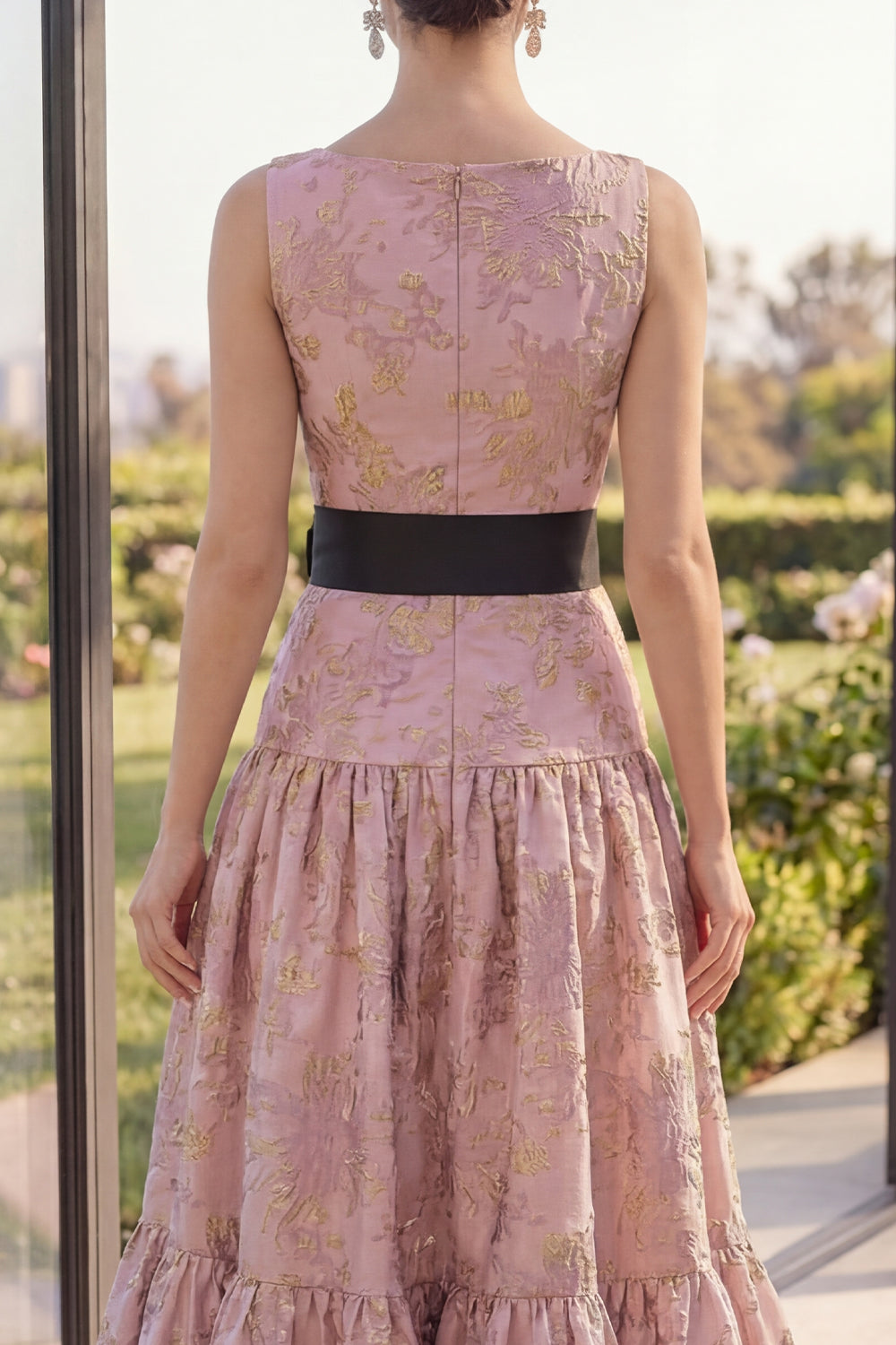 Blush A Line Ruffled Floral Brocade Wedding Guest Dress with Bow