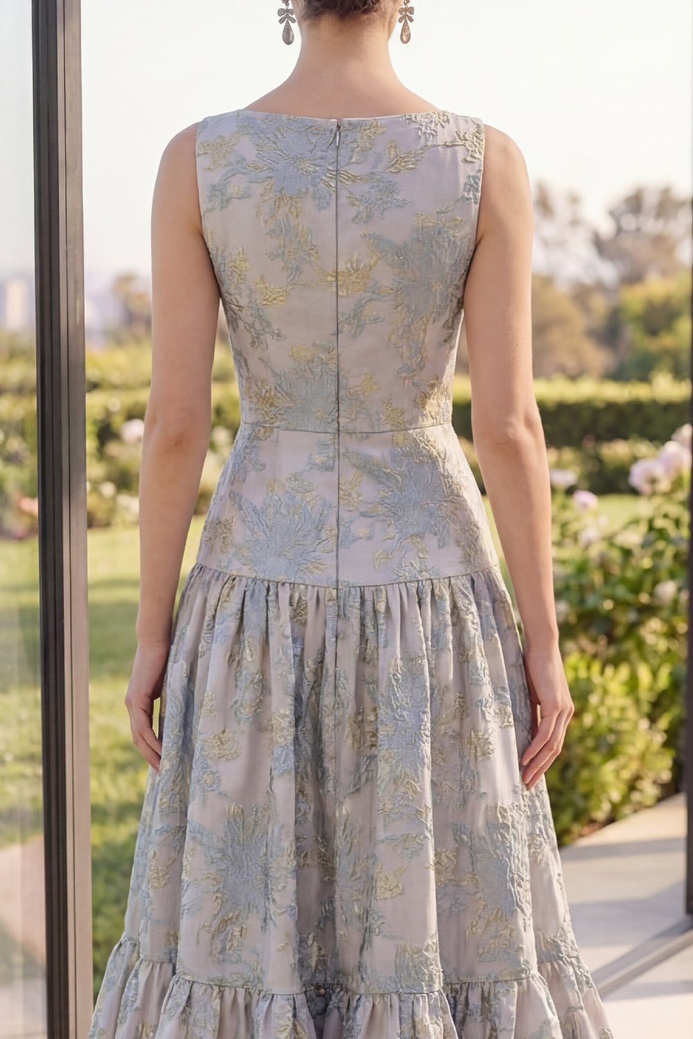 Blush A Line Ruffled Floral Brocade Wedding Guest Dress with Bow