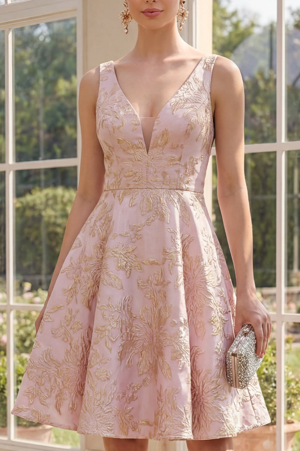 Floral Blush A Line Brocade Wedding Guest Dress