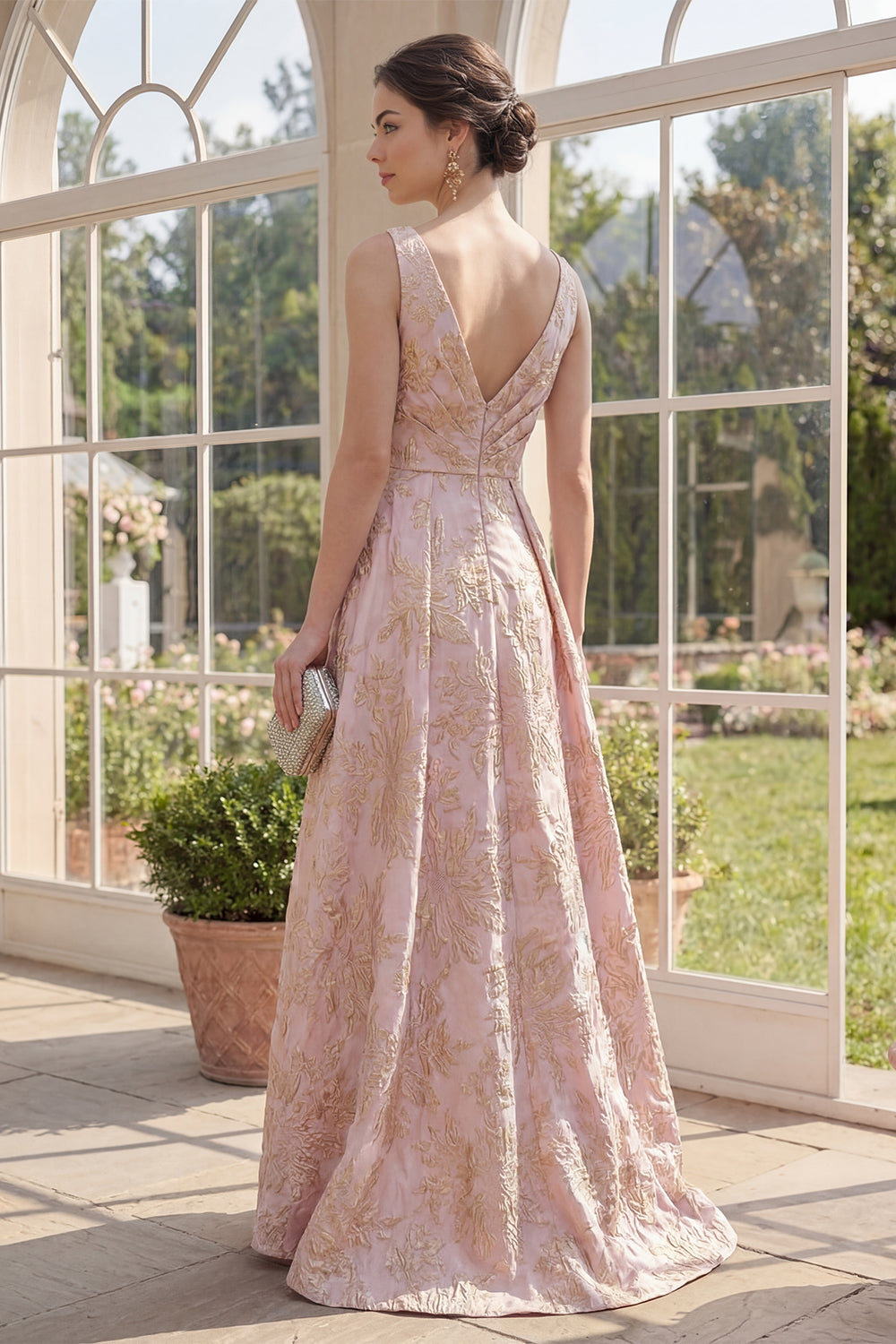 High Low Floral Blush A Line Brocade Wedding Guest Dress