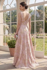 High Low Floral Blush A Line Brocade Wedding Guest Dress