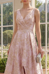 High Low Floral Blush A Line Brocade Wedding Guest Dress
