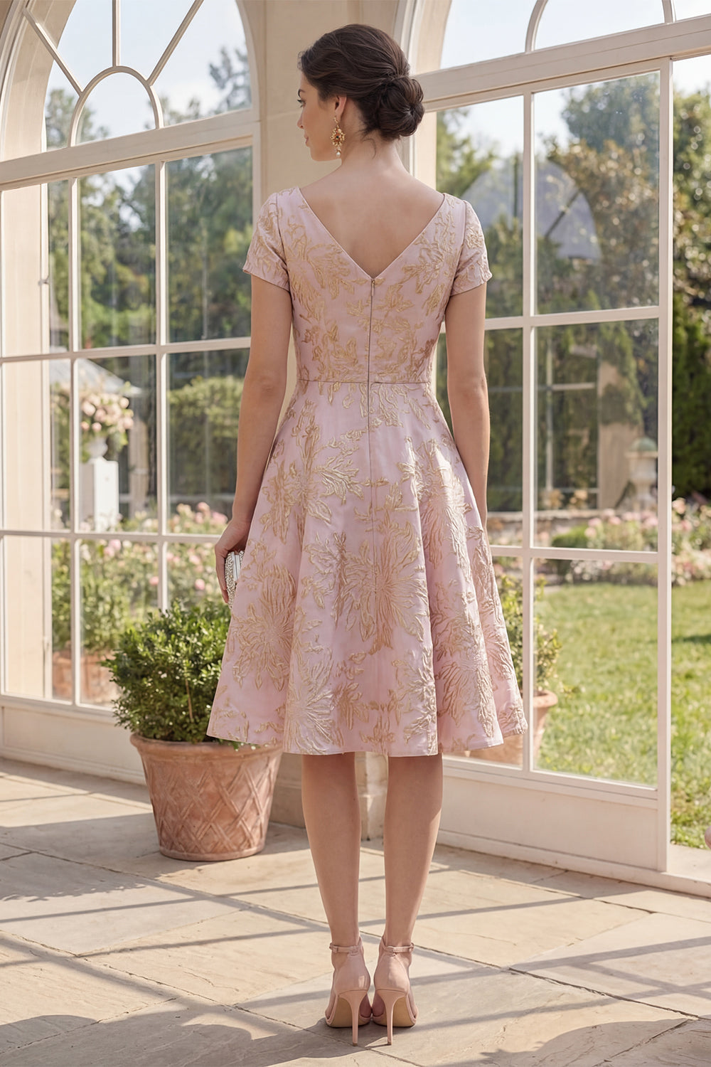 A Line Floral Blush Brocade Wedding Guest Dress with Short Sleeves