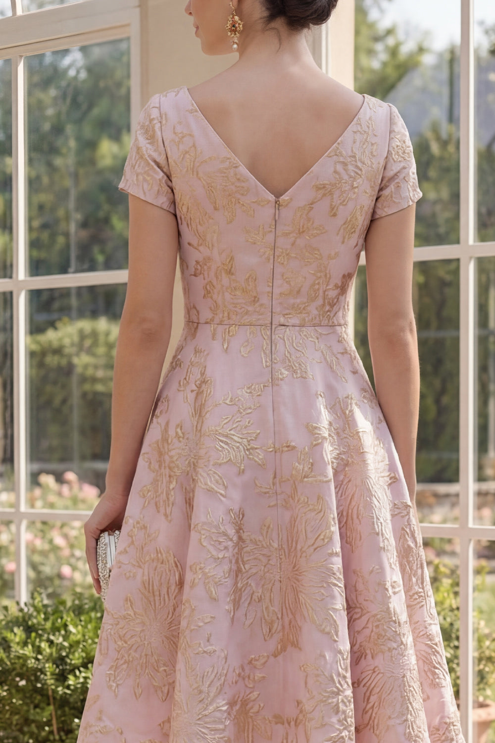 A Line Floral Blush Brocade Wedding Guest Dress with Short Sleeves