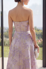 Strapless Floral Ruffled Dusty Lilac A Line Maxi Wedding Guest Dress