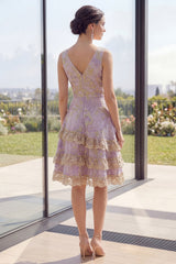 Floral Ruffled Dusty Lilac A Line Wedding Guest Dress with Lace