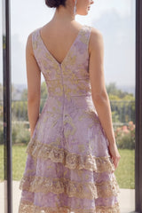 Floral Ruffled Dusty Lilac A Line Wedding Guest Dress with Lace