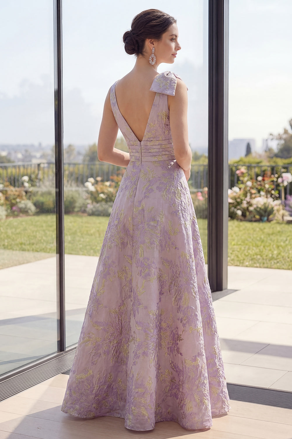 Floral Dusty Lilac A Line Ruched Bowed Wedding Guest Dress with Slit