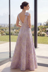 Floral Dusty Lilac A Line Ruched Bowed Wedding Guest Dress with Slit