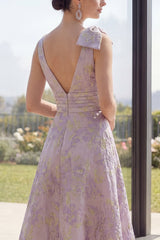 Floral Dusty Lilac A Line Ruched Bowed Wedding Guest Dress with Slit