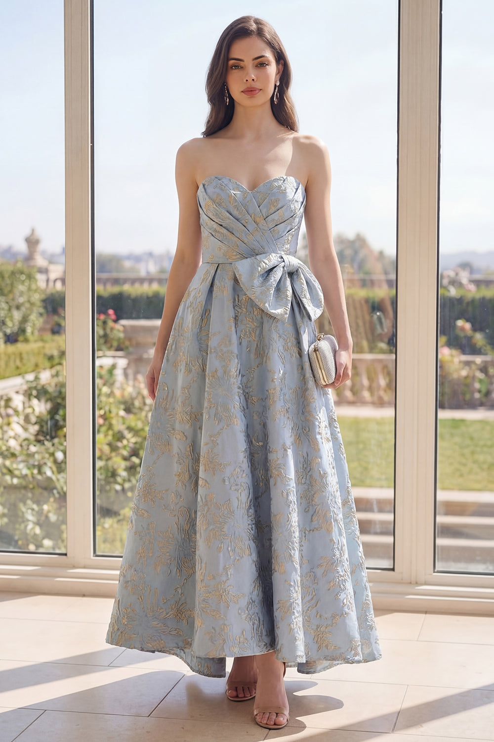 Strapless Dusty Blue Floral A Line Ruched Wedding Guest Dress with Bow