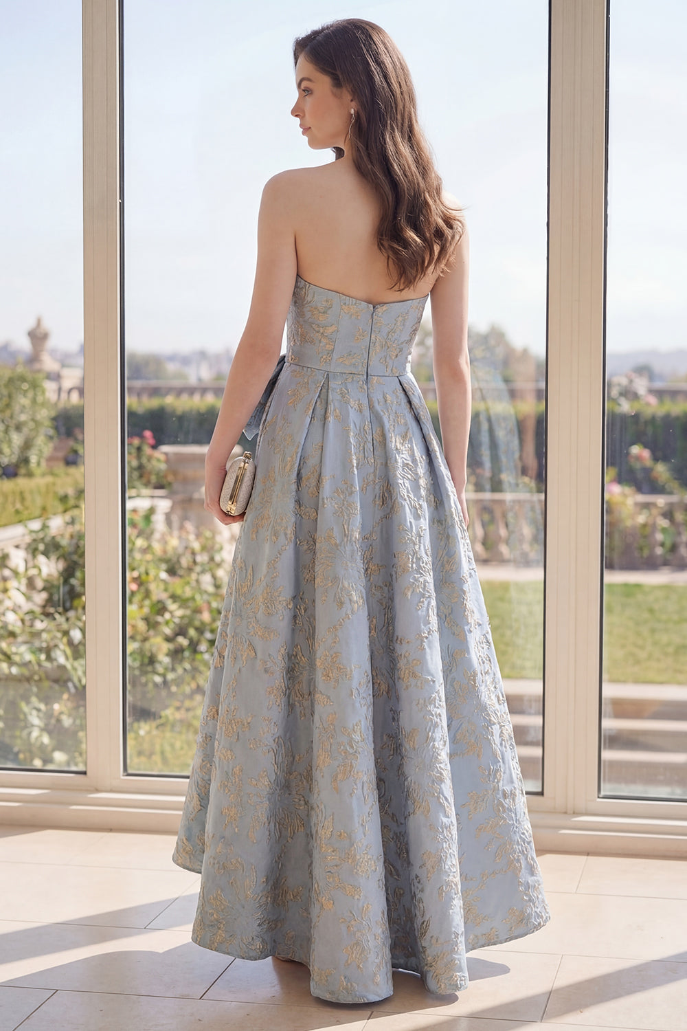 Strapless Dusty Blue Floral A Line Ruched Wedding Guest Dress with Bow