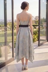Dusty Blue Floral A Line Ruched Midi Wedding Guest Dress with Bow