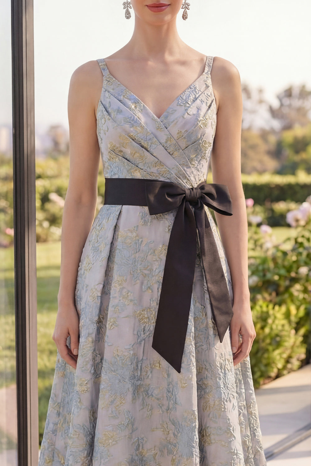Dusty Blue Floral A Line Ruched Midi Wedding Guest Dress with Bow