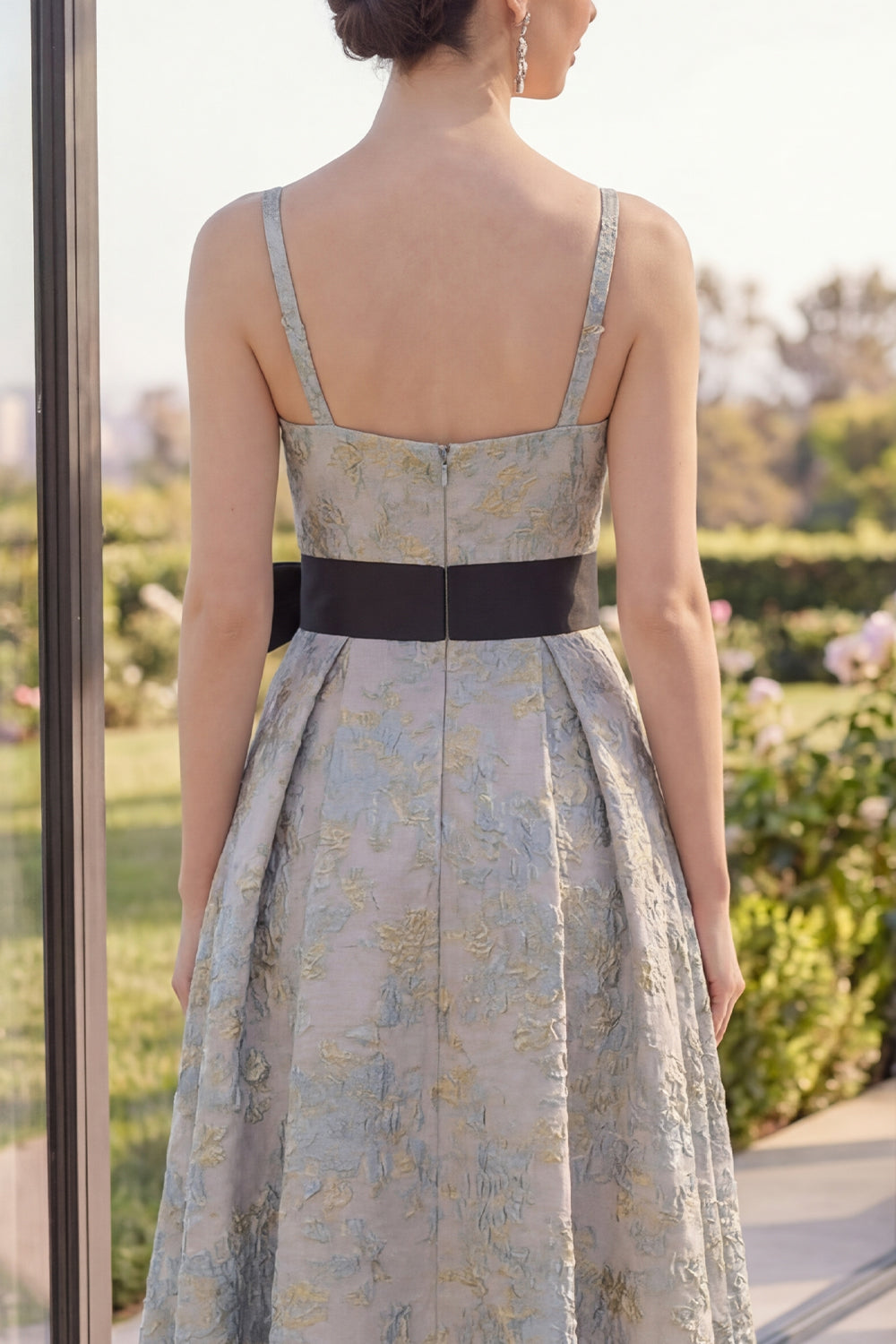 Dusty Blue Floral A Line Ruched Midi Wedding Guest Dress with Bow