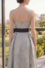 Dusty Blue Floral A Line Ruched Midi Wedding Guest Dress with Bow