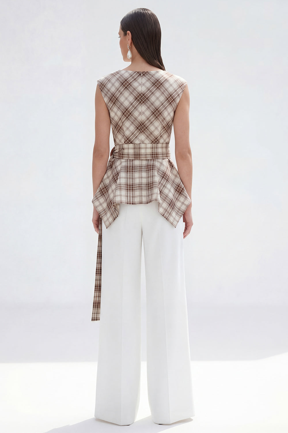 2 Piece Bateau Neck Grey Grid Women's Linen Suits with Belt